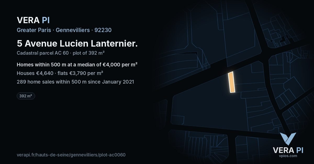 5 Avenue Lucien Lanternier, Gennevilliers at night – the plot lit, the parcels around coloured by the prices near them