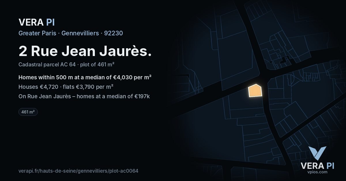 2 Rue Jean Jaurès, Gennevilliers at night – the plot lit, the parcels around coloured by the prices near them