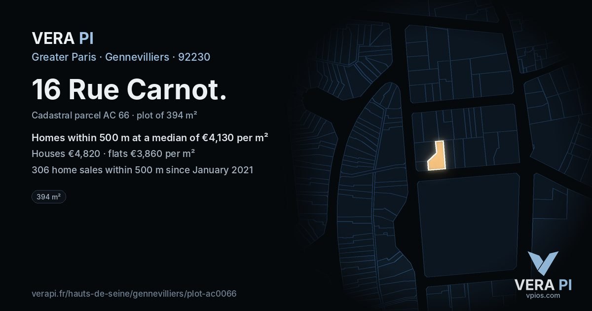16 Rue Carnot, Gennevilliers at night – the plot lit, the parcels around coloured by the prices near them