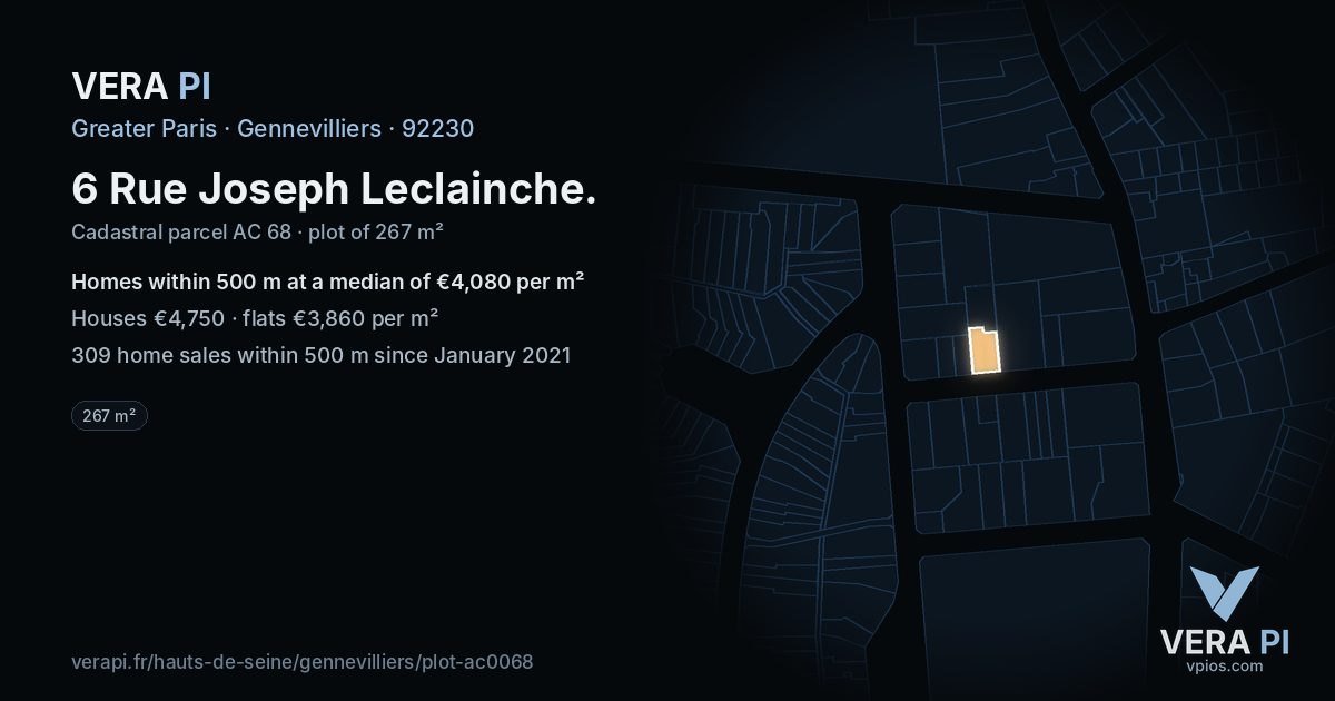 6 Rue Joseph Leclainche, Gennevilliers at night – the plot lit, the parcels around coloured by the prices near them