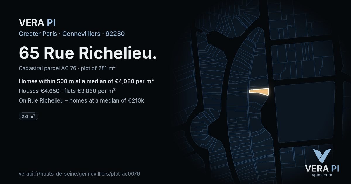 65 Rue Richelieu, Gennevilliers at night – the plot lit, the parcels around coloured by the prices near them