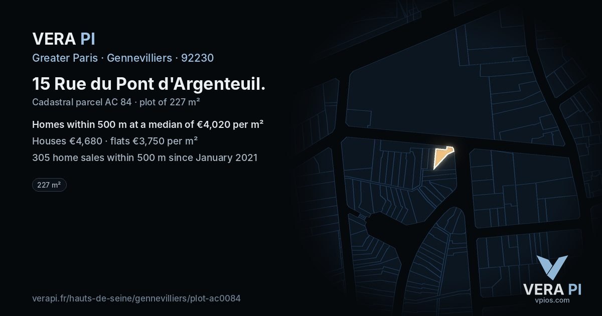 15 Rue du Pont d'Argenteuil, Gennevilliers at night – the plot lit, the parcels around coloured by the prices near them