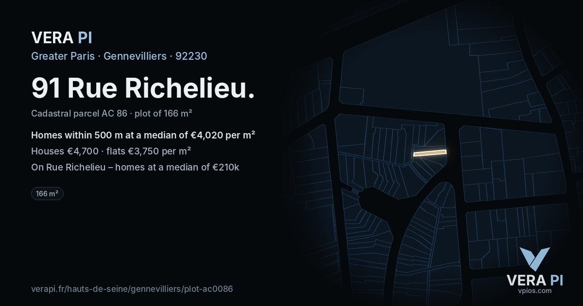 91 Rue Richelieu, Gennevilliers at night – the plot lit, the parcels around coloured by the prices near them