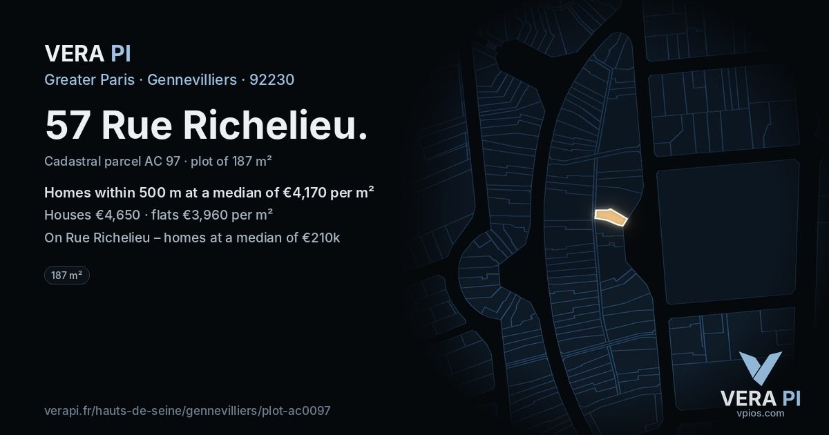 57 Rue Richelieu, Gennevilliers at night – the plot lit, the parcels around coloured by the prices near them