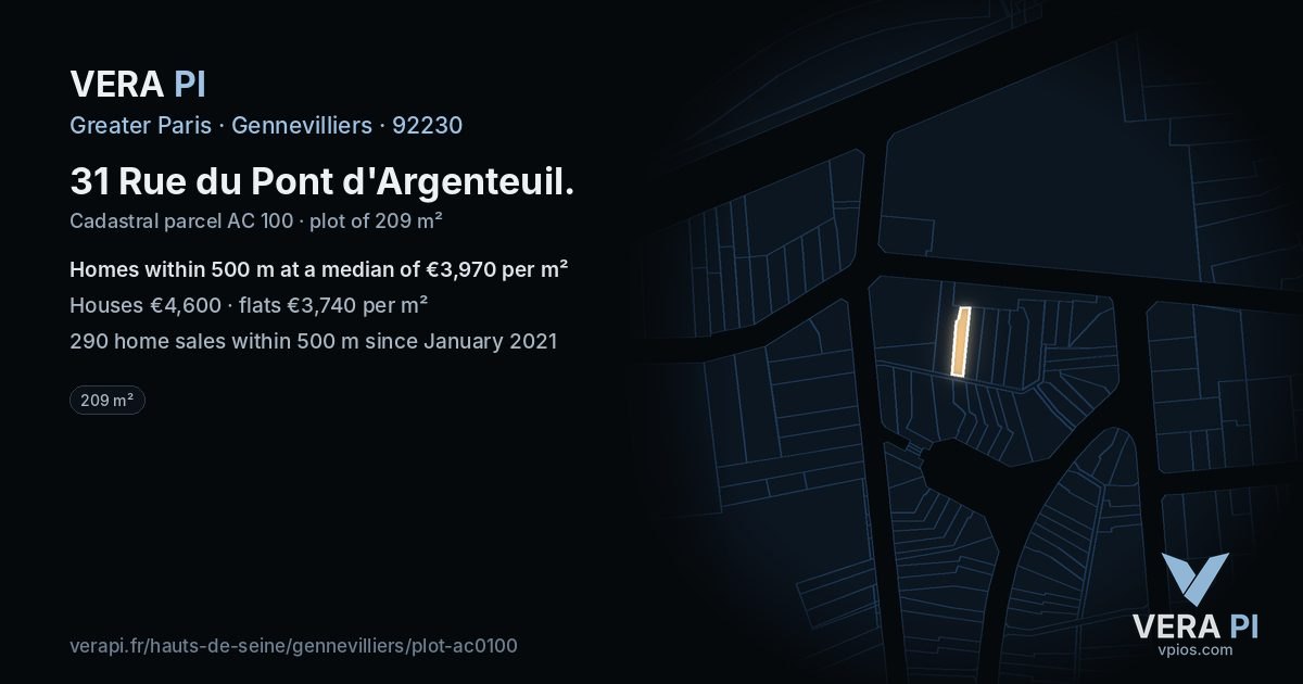 31 Rue du Pont d'Argenteuil, Gennevilliers at night – the plot lit, the parcels around coloured by the prices near them