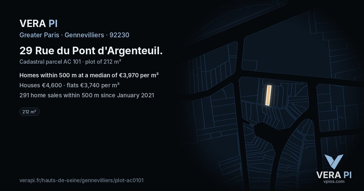 29 Rue du Pont d'Argenteuil, Gennevilliers at night – the plot lit, the parcels around coloured by the prices near them