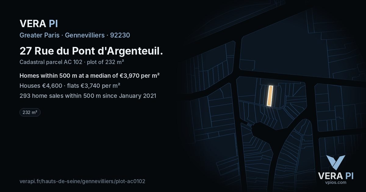 27 Rue du Pont d'Argenteuil, Gennevilliers at night – the plot lit, the parcels around coloured by the prices near them