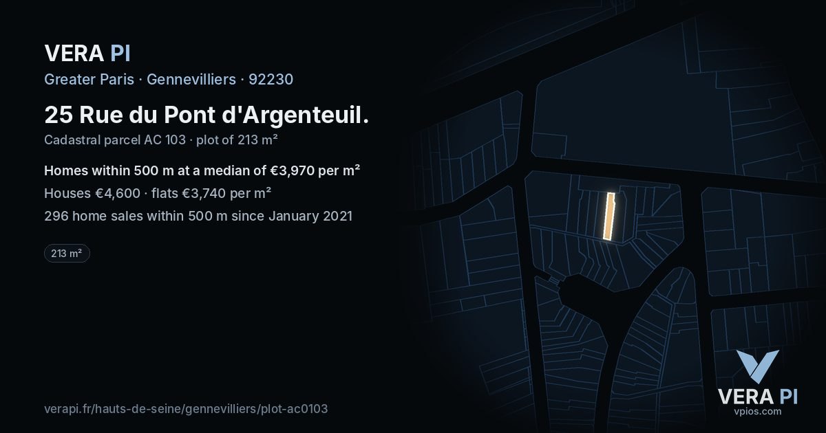 25 Rue du Pont d'Argenteuil, Gennevilliers at night – the plot lit, the parcels around coloured by the prices near them