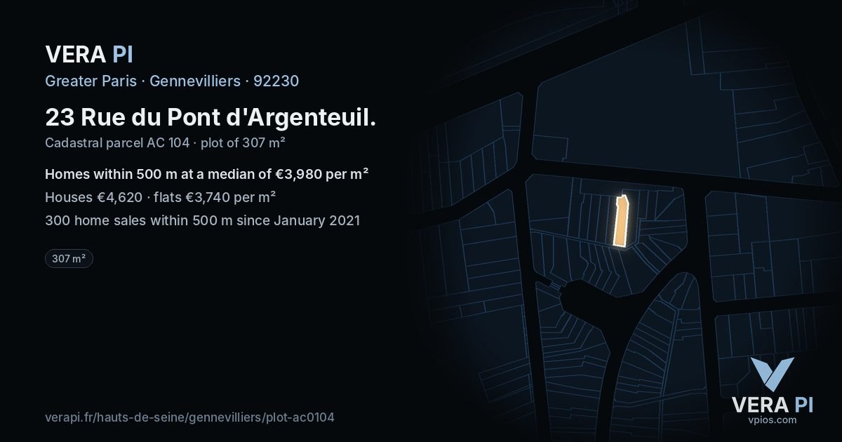 23 Rue du Pont d'Argenteuil, Gennevilliers at night – the plot lit, the parcels around coloured by the prices near them