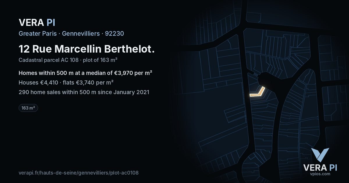 12 Rue Marcellin Berthelot, Gennevilliers at night – the plot lit, the parcels around coloured by the prices near them