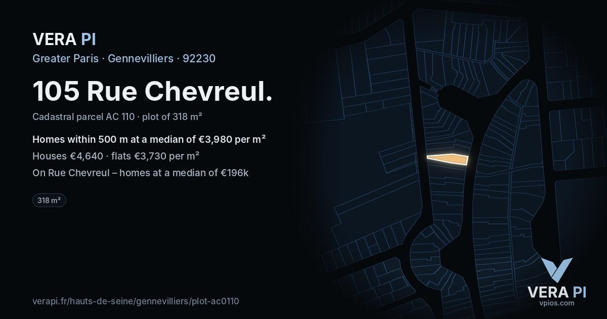 105 Rue Chevreul, Gennevilliers at night – the plot lit, the parcels around coloured by the prices near them
