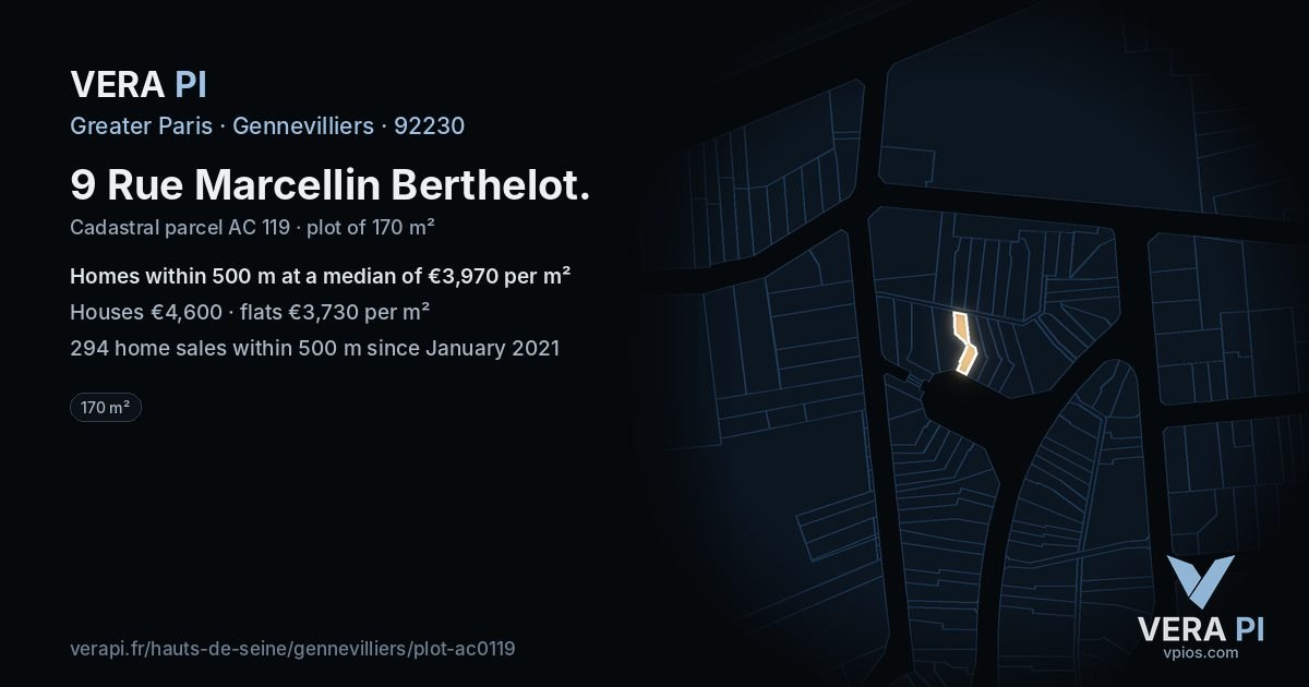 9 Rue Marcellin Berthelot, Gennevilliers at night – the plot lit, the parcels around coloured by the prices near them