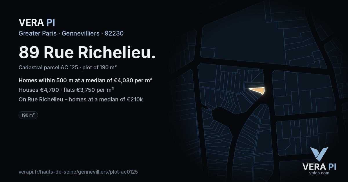 89 Rue Richelieu, Gennevilliers at night – the plot lit, the parcels around coloured by the prices near them