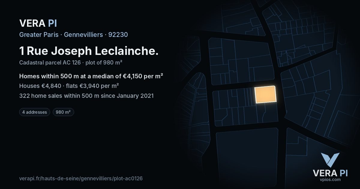 1 Rue Joseph Leclainche, Gennevilliers at night – the plot lit, the parcels around coloured by the prices near them