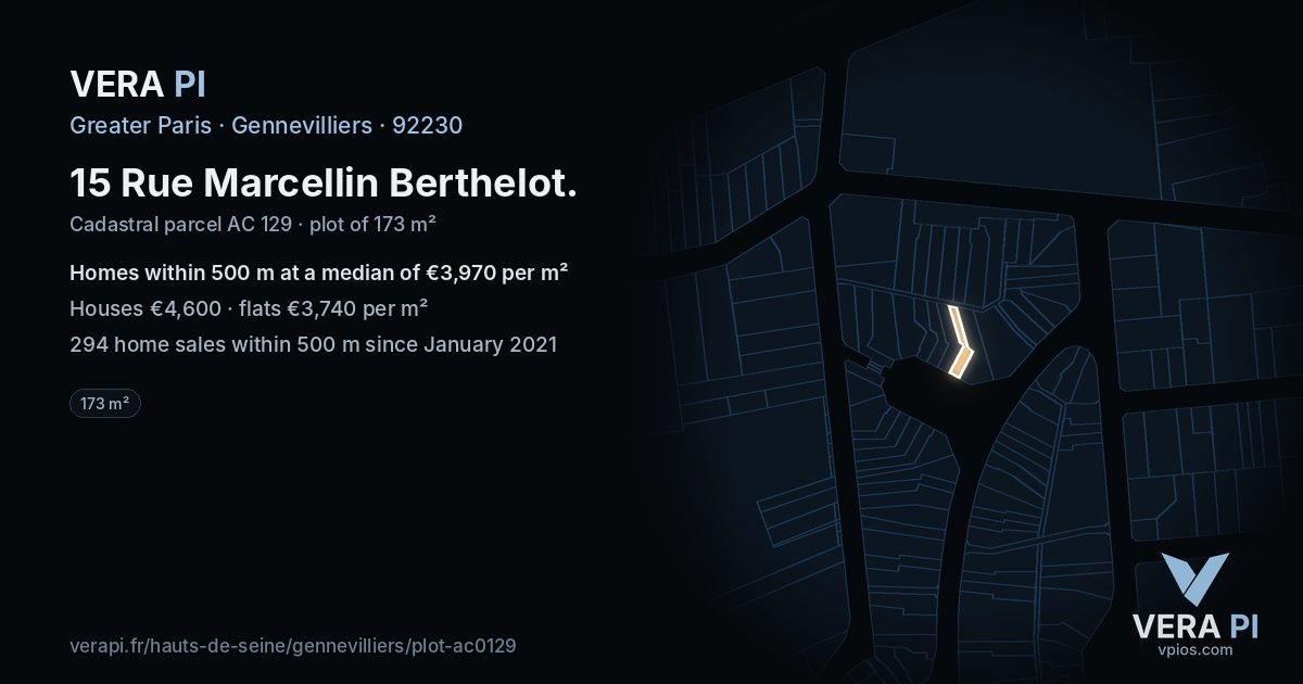 15 Rue Marcellin Berthelot, Gennevilliers at night – the plot lit, the parcels around coloured by the prices near them