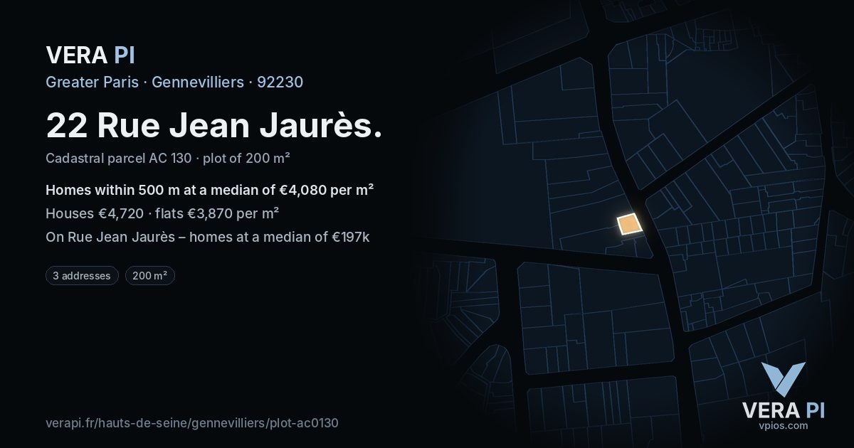 22 Rue Jean Jaurès, Gennevilliers at night – the plot lit, the parcels around coloured by the prices near them
