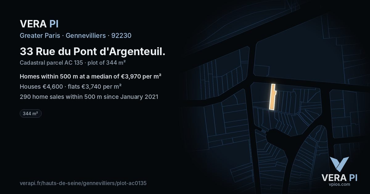 33 Rue du Pont d'Argenteuil, Gennevilliers at night – the plot lit, the parcels around coloured by the prices near them