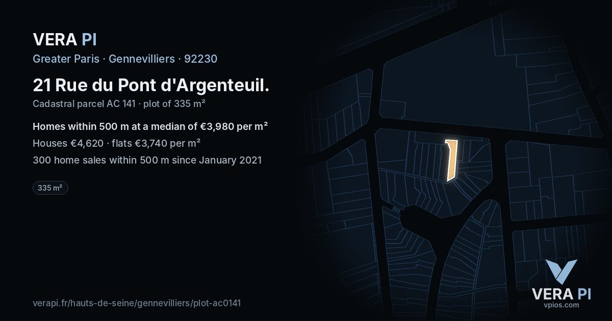 21 Rue du Pont d'Argenteuil, Gennevilliers at night – the plot lit, the parcels around coloured by the prices near them