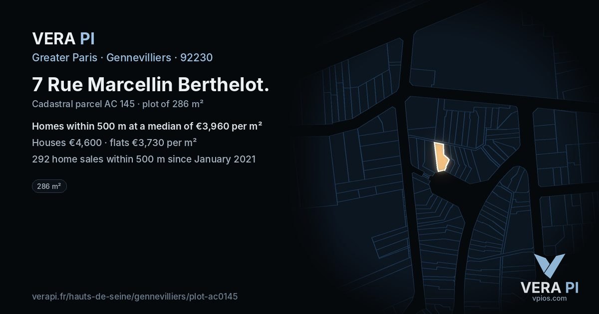 7 Rue Marcellin Berthelot, Gennevilliers at night – the plot lit, the parcels around coloured by the prices near them