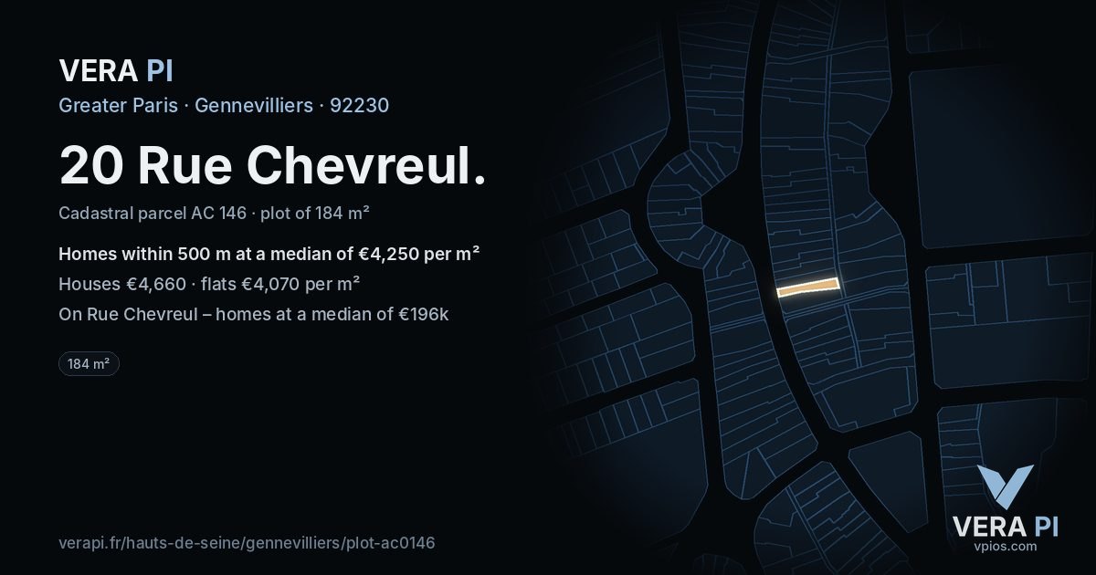 20 Rue Chevreul, Gennevilliers at night – the plot lit, the parcels around coloured by the prices near them