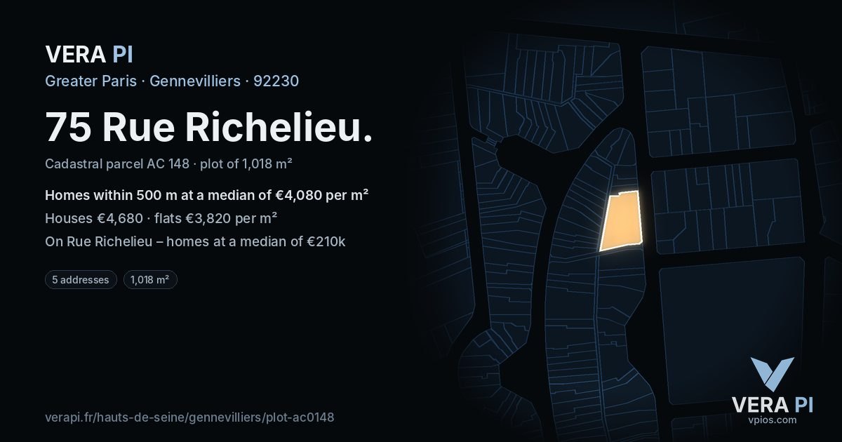 75 Rue Richelieu, Gennevilliers at night – the plot lit, the parcels around coloured by the prices near them