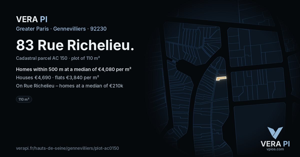 83 Rue Richelieu, Gennevilliers at night – the plot lit, the parcels around coloured by the prices near them