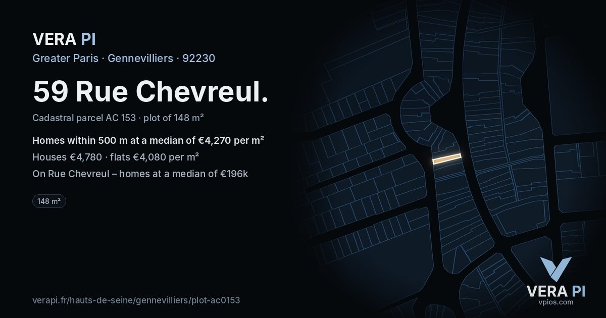 59 Rue Chevreul, Gennevilliers at night – the plot lit, the parcels around coloured by the prices near them