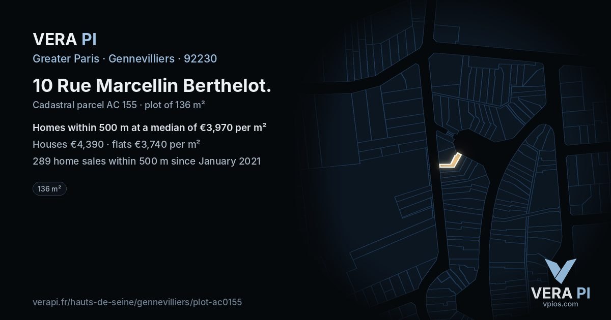 10 Rue Marcellin Berthelot, Gennevilliers at night – the plot lit, the parcels around coloured by the prices near them