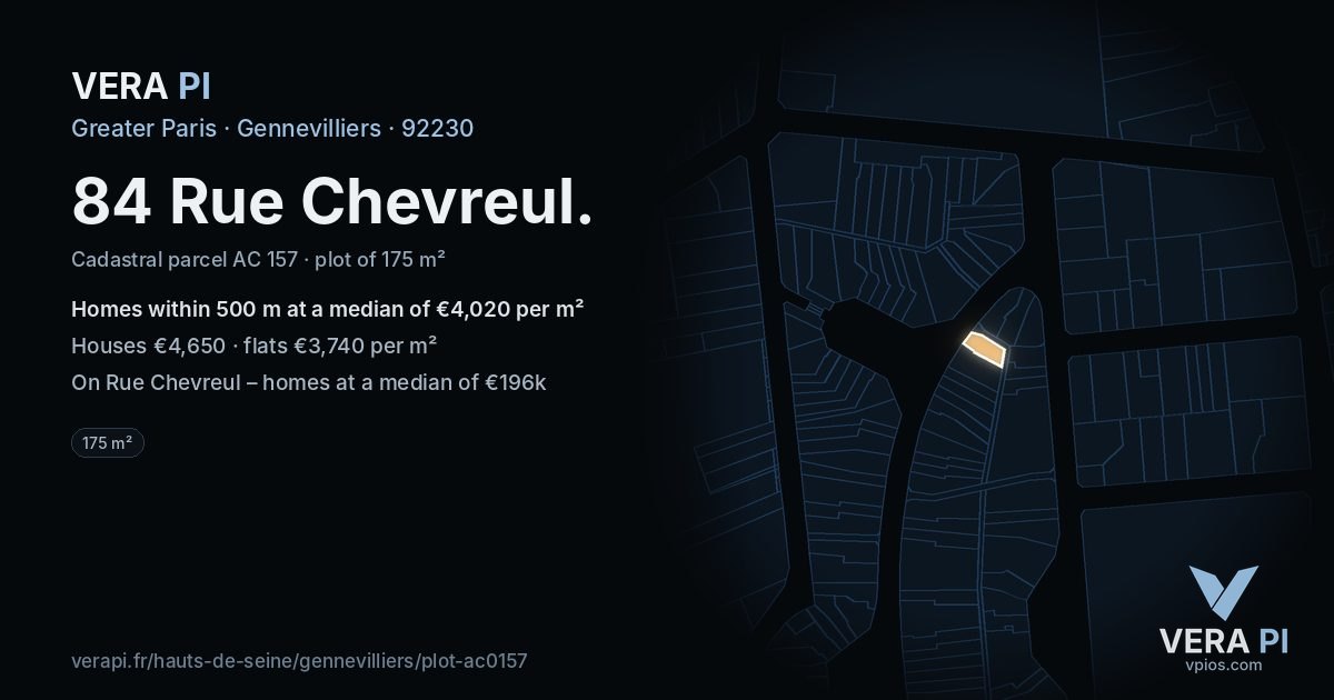 84 Rue Chevreul, Gennevilliers at night – the plot lit, the parcels around coloured by the prices near them