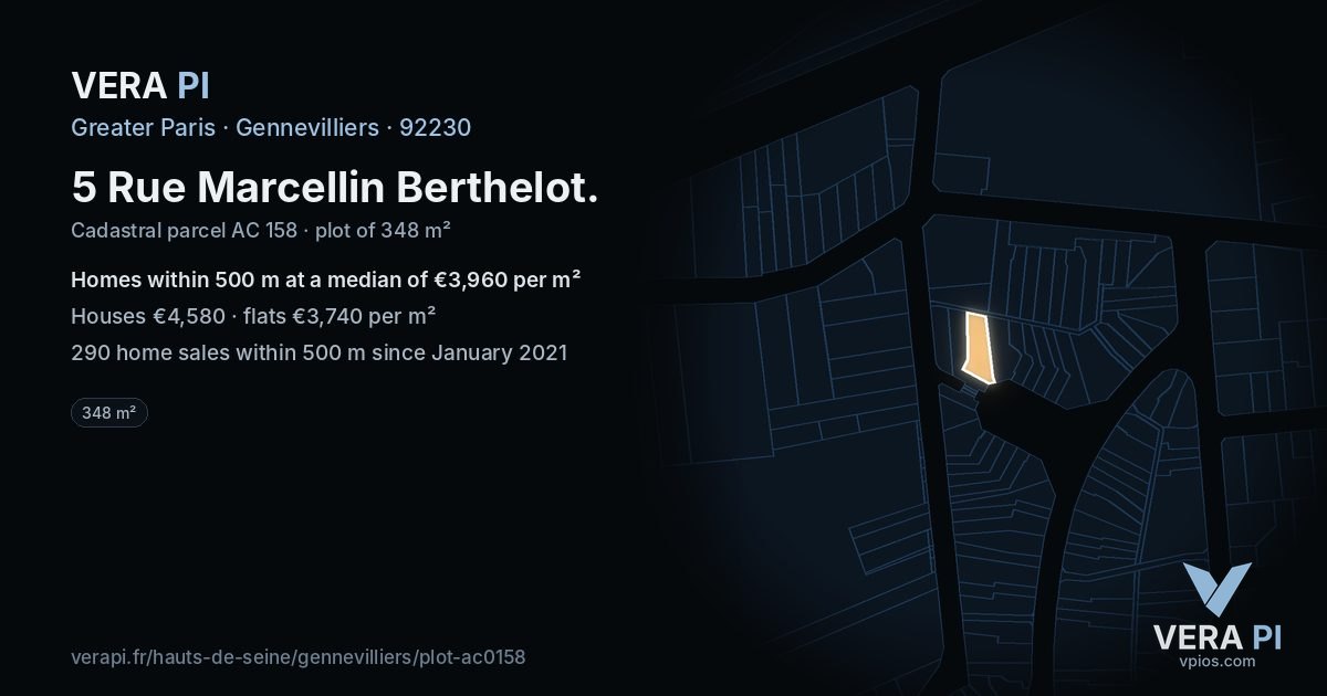 5 Rue Marcellin Berthelot, Gennevilliers at night – the plot lit, the parcels around coloured by the prices near them