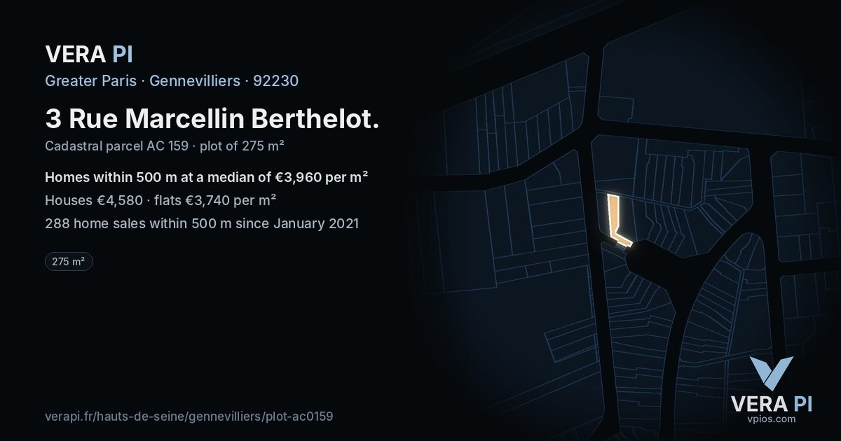 3 Rue Marcellin Berthelot, Gennevilliers at night – the plot lit, the parcels around coloured by the prices near them