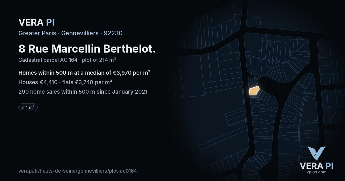 8 Rue Marcellin Berthelot, Gennevilliers at night – the plot lit, the parcels around coloured by the prices near them