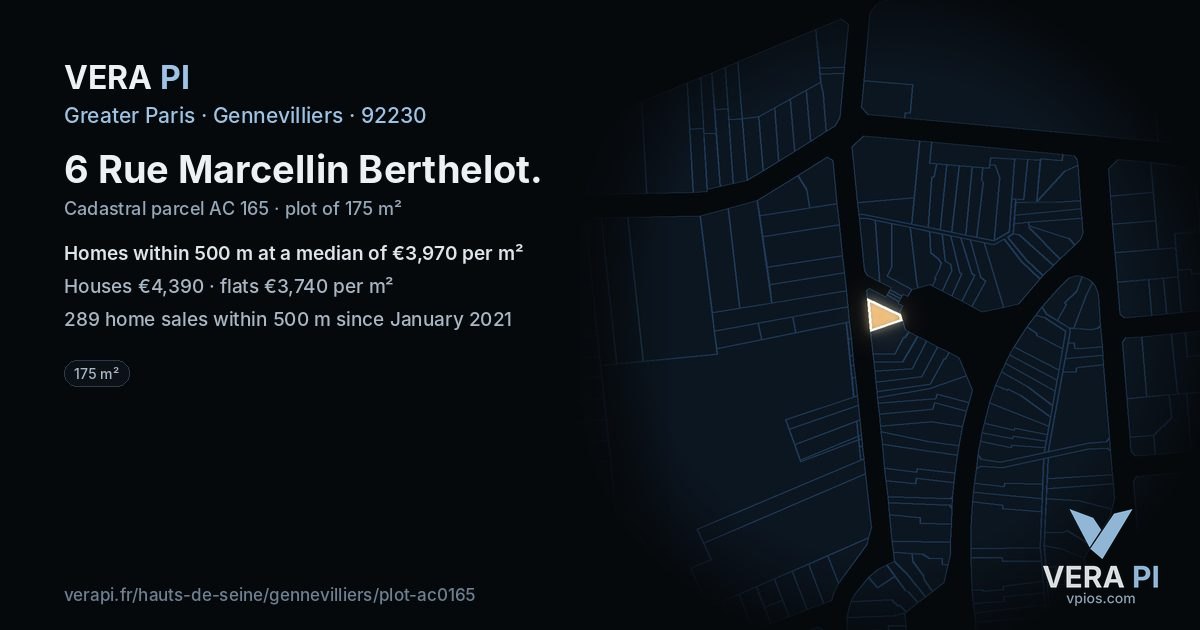 6 Rue Marcellin Berthelot, Gennevilliers at night – the plot lit, the parcels around coloured by the prices near them