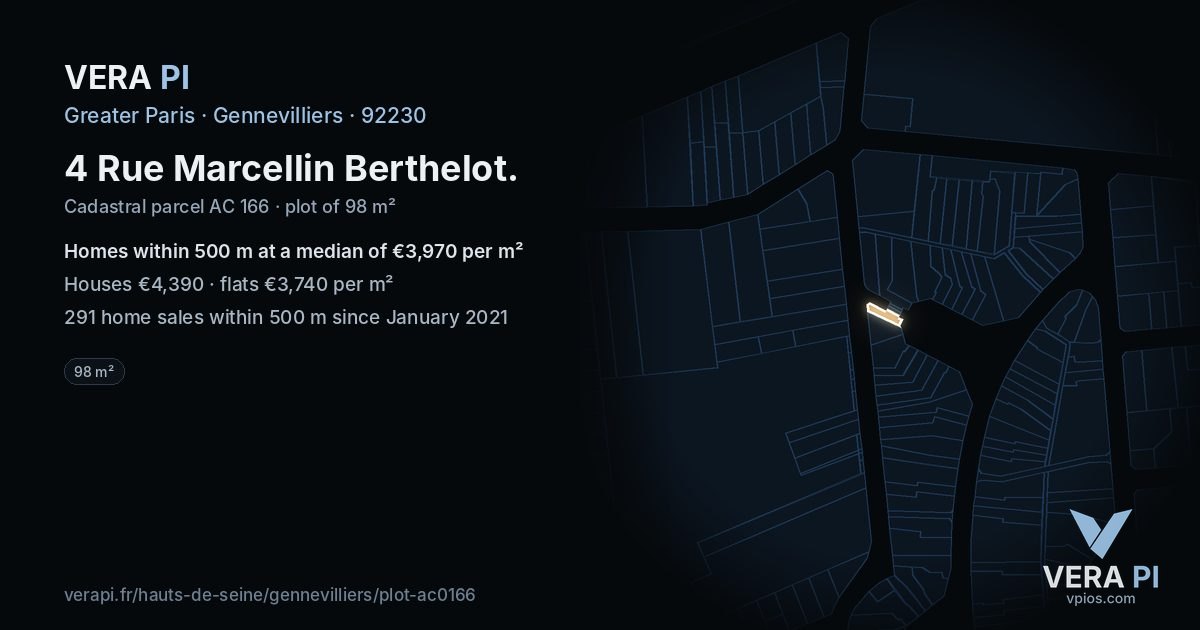 4 Rue Marcellin Berthelot, Gennevilliers at night – the plot lit, the parcels around coloured by the prices near them