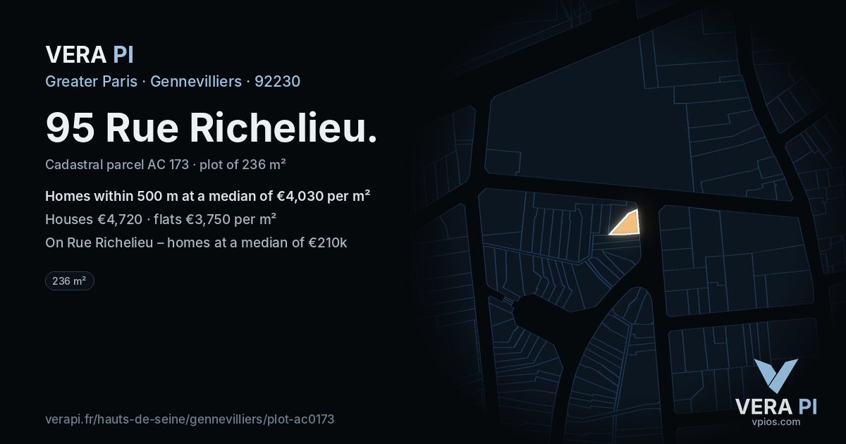 95 Rue Richelieu, Gennevilliers at night – the plot lit, the parcels around coloured by the prices near them