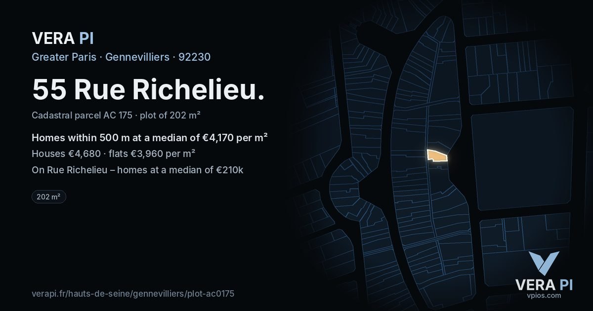 55 Rue Richelieu, Gennevilliers at night – the plot lit, the parcels around coloured by the prices near them