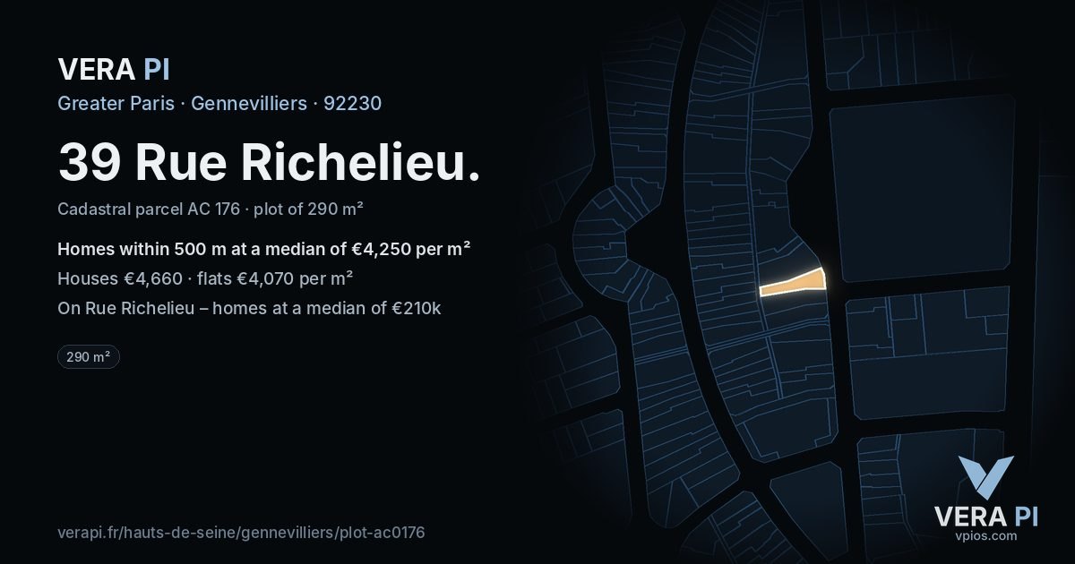 39 Rue Richelieu, Gennevilliers at night – the plot lit, the parcels around coloured by the prices near them
