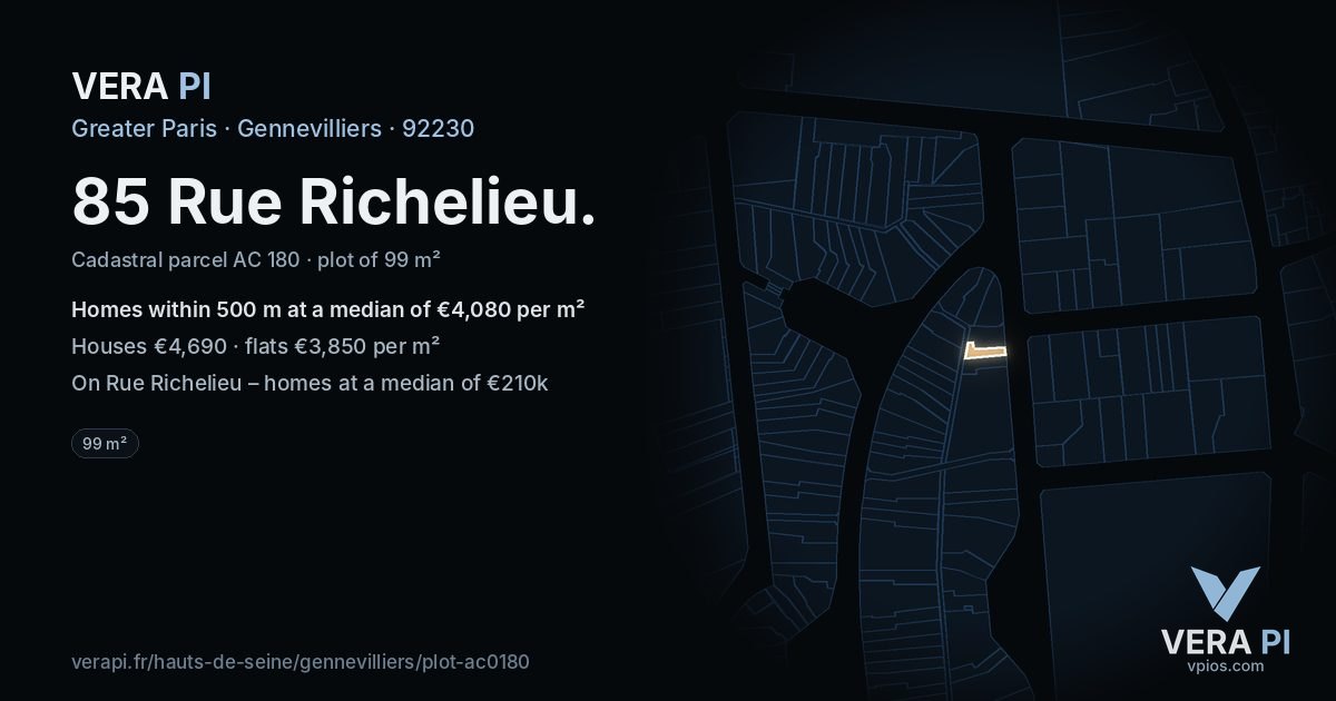 85 Rue Richelieu, Gennevilliers at night – the plot lit, the parcels around coloured by the prices near them