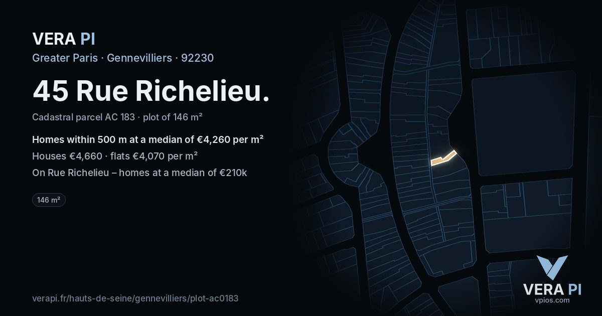45 Rue Richelieu, Gennevilliers at night – the plot lit, the parcels around coloured by the prices near them