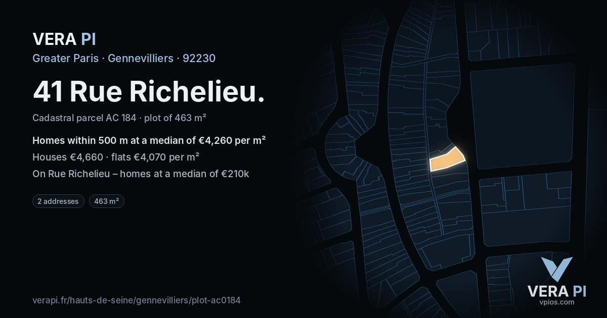 41 Rue Richelieu, Gennevilliers at night – the plot lit, the parcels around coloured by the prices near them
