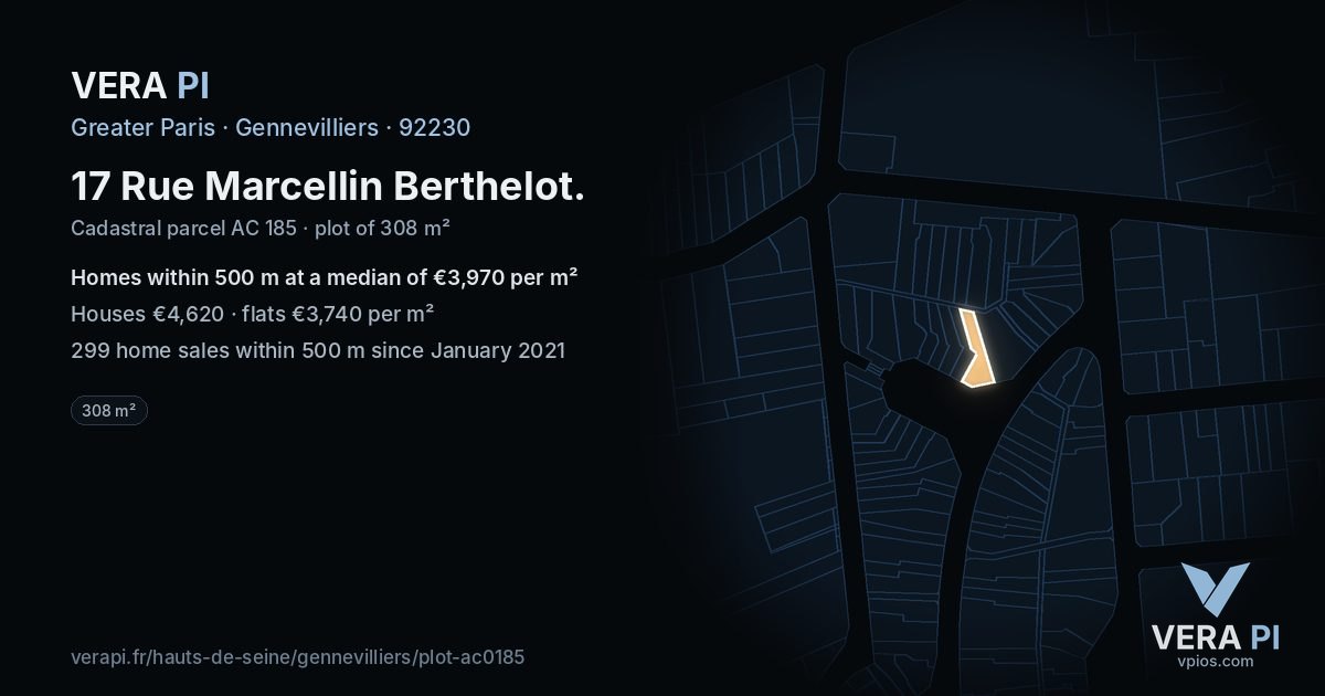17 Rue Marcellin Berthelot, Gennevilliers at night – the plot lit, the parcels around coloured by the prices near them