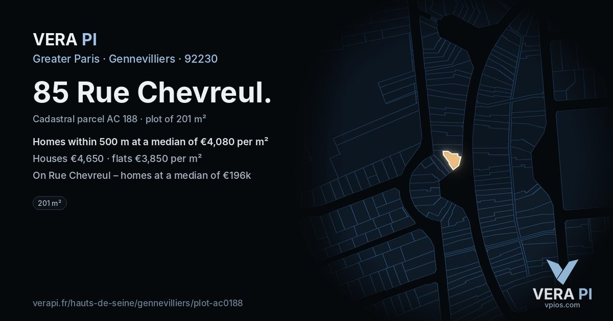85 Rue Chevreul, Gennevilliers at night – the plot lit, the parcels around coloured by the prices near them