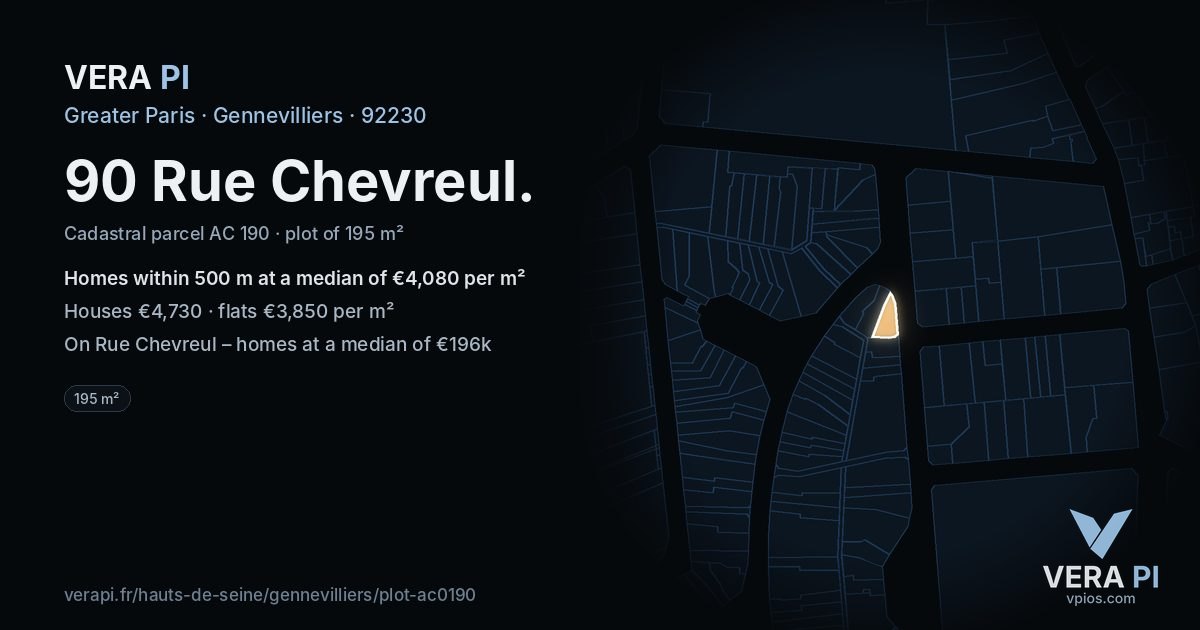 90 Rue Chevreul, Gennevilliers at night – the plot lit, the parcels around coloured by the prices near them