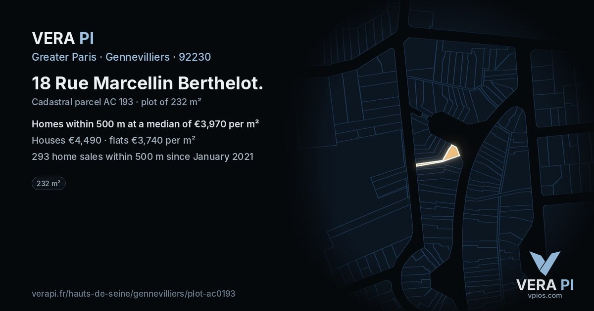 18 Rue Marcellin Berthelot, Gennevilliers at night – the plot lit, the parcels around coloured by the prices near them