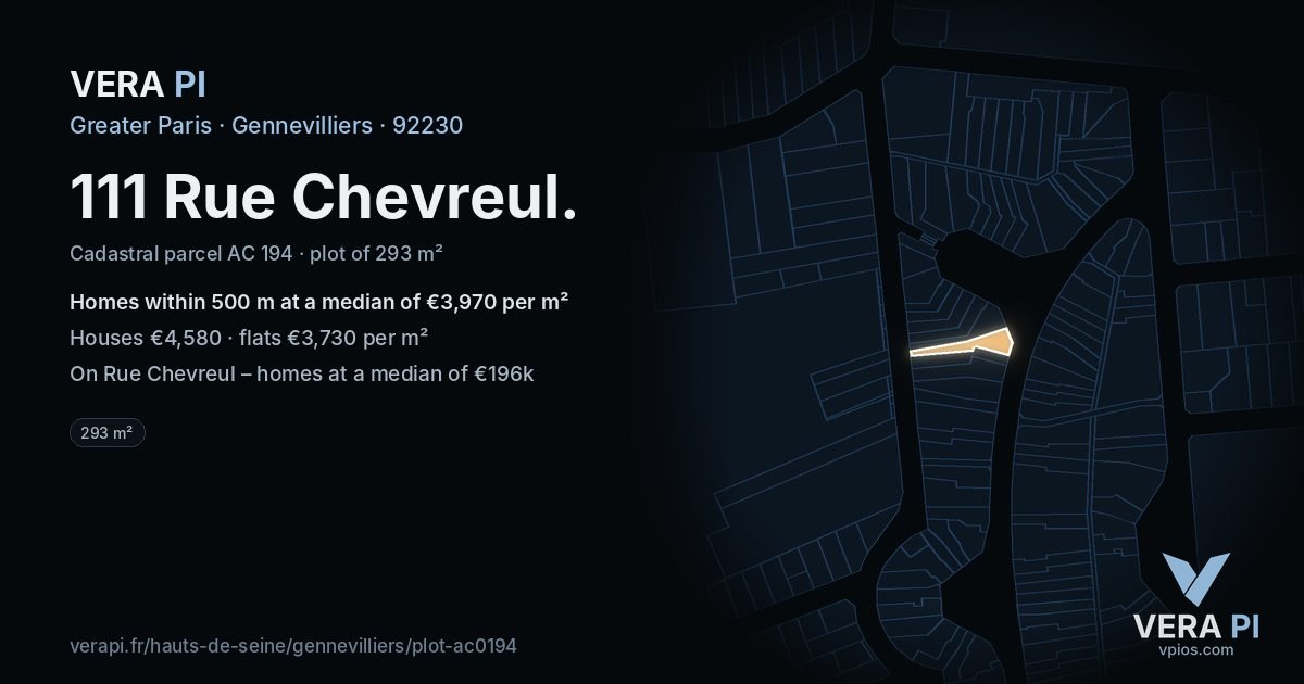 111 Rue Chevreul, Gennevilliers at night – the plot lit, the parcels around coloured by the prices near them