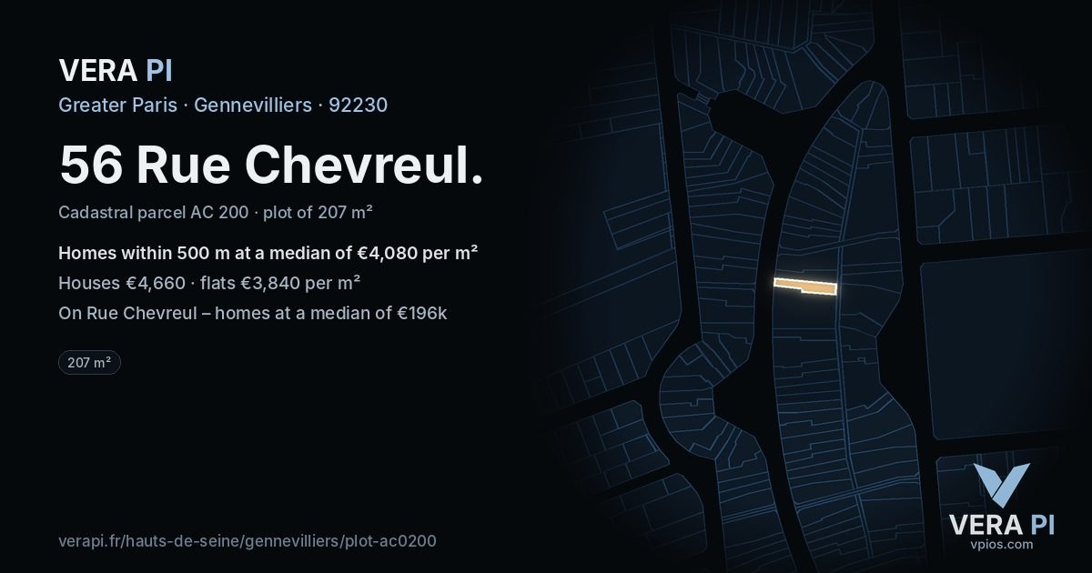 56 Rue Chevreul, Gennevilliers at night – the plot lit, the parcels around coloured by the prices near them