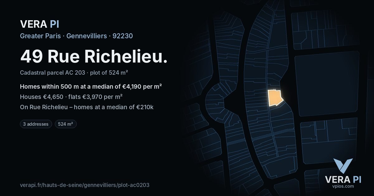 49 Rue Richelieu, Gennevilliers at night – the plot lit, the parcels around coloured by the prices near them
