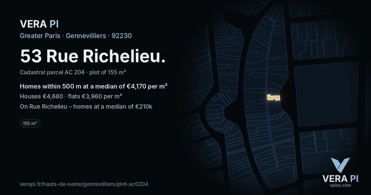 53 Rue Richelieu, Gennevilliers at night – the plot lit, the parcels around coloured by the prices near them