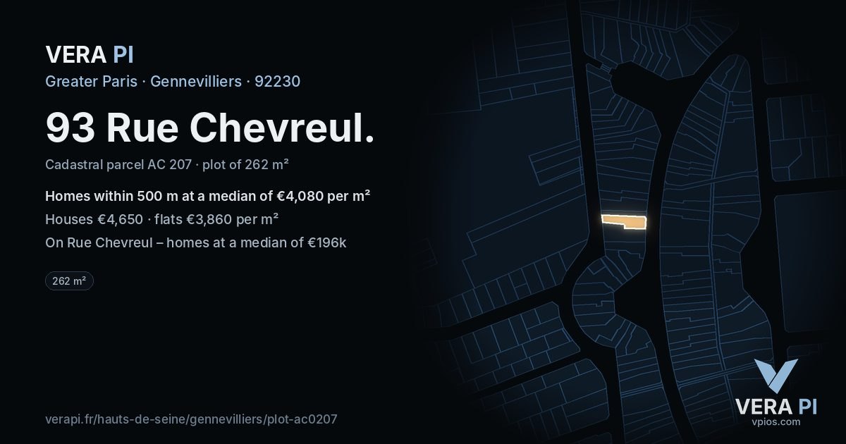 93 Rue Chevreul, Gennevilliers at night – the plot lit, the parcels around coloured by the prices near them