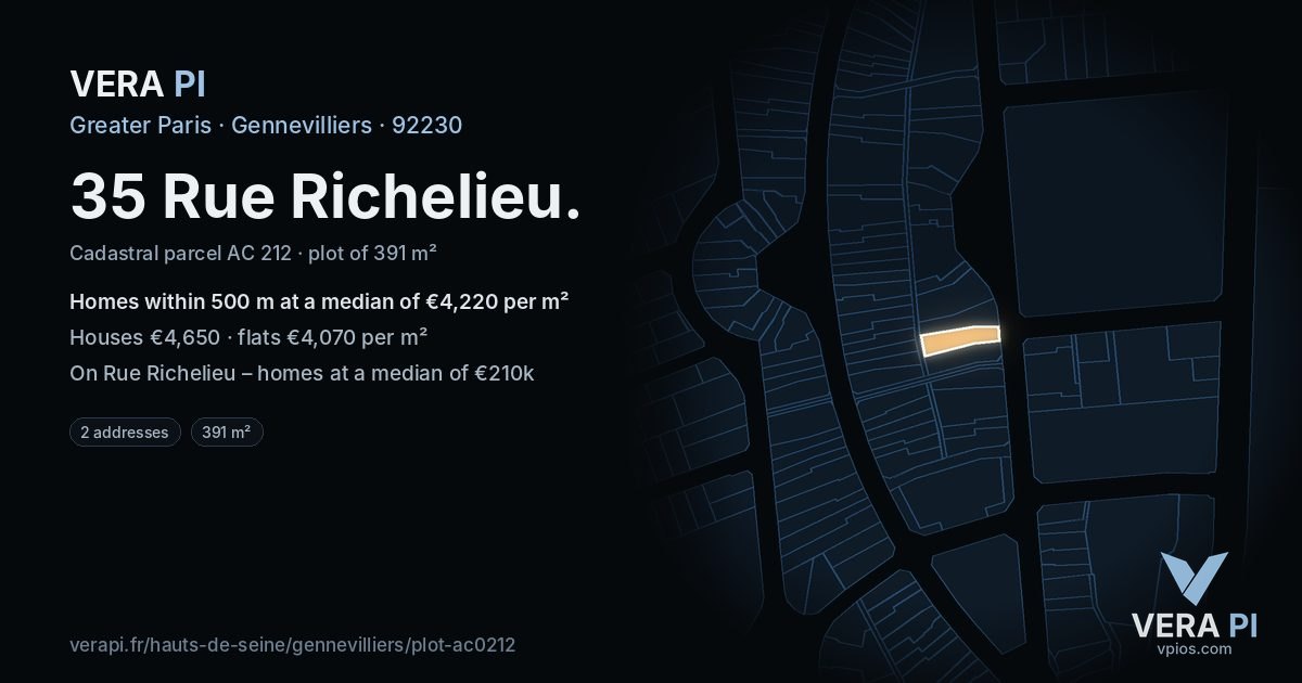 35 Rue Richelieu, Gennevilliers at night – the plot lit, the parcels around coloured by the prices near them